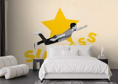 Composite trend artwork image photo collage of copyspace huge letter word success rope young man fly superman effort work goal achieve Wall mural