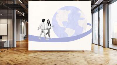 Composite trend artwork image photo collage of couple friends young lady guy walk together line route way travel planet earth global world Wall mural