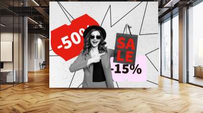 Composite trend artwork sketch image photo collage of sale black friday low price promotion shopaholic young lady finger point bag buyer Wall mural