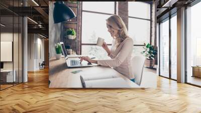 Concept of having a workplace at home. Side profile half-faced photo of happy cheerful smiling excited woman drinking coffee and typing a letter on computer Wall mural