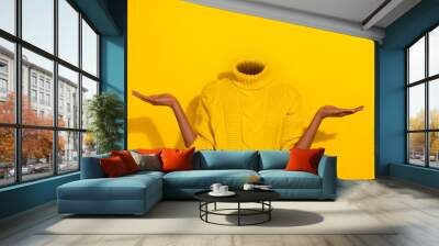 Conceptual photo image headless girl portrait raise two arms demonstrating novelty promotion no emotions just business isolated on yellow background Wall mural