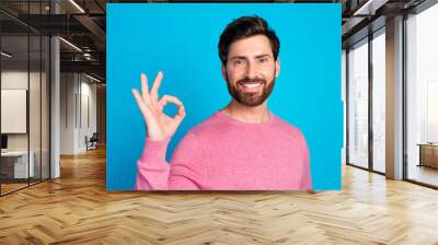 Confident man giving an okay gesture with a bright smile wearing a pink sweater against a vibrant blue background Wall mural