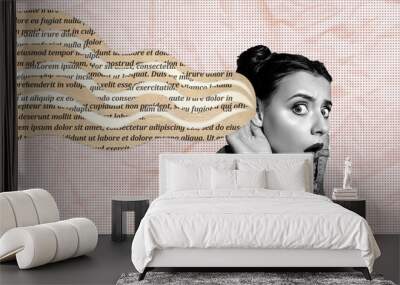 Contemporary artwork collage of young hearing long words information rumors secrets isolated on checkered gray color background Wall mural