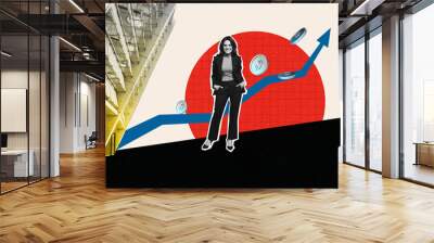 Creative abstract collage of young girl smile business up arrow earnings income success coins dollars rich isolated on painted background Wall mural