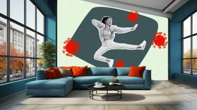 Creative abstract template collage of funny energetic powerful woman kick fight bacterias viruses strong immune system antibody vaccine Wall mural