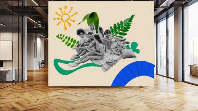 Creative abstract template collage of happy youth young people picnic summer vacation weekend have fun green leaves nature friends Wall mural