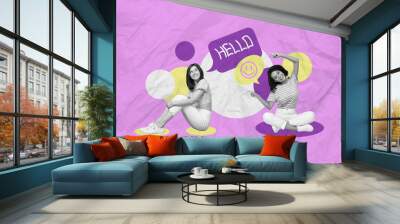 Creative abstract template graphics collage image of dreamy funny ladies chatting together isolated drawing background Wall mural