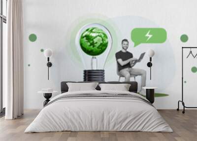 Creative abstract template graphics collage image of people using green energy isolated white color background Wall mural