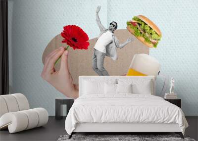 Creative collage advertisement open new pub drink fresh beer glass eat tasty hamburger gift red flower excited guy isolated on blue color background Wall mural