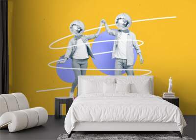 Creative collage image of two black white gamma people disco ball instead head hold arms dancing isolated on yellow background Wall mural