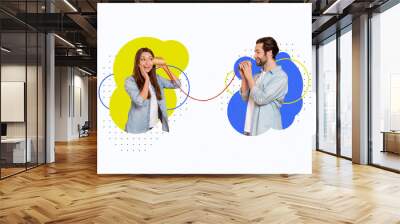 Creative collage image of two cheerful excited people talk listen wire cup connection isolated on drawing background Wall mural