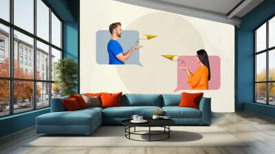 Creative collage image two standing colleagues share correspondence communicate wireless social network messenger remote conversation Wall mural