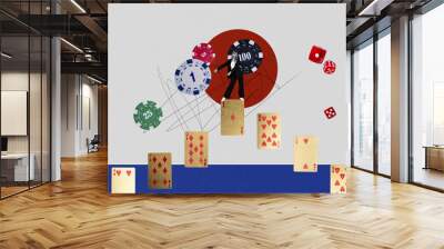 Creative collage image young businesswoman dance funky celebrate success winner chips cards dice combination fortune luck Wall mural