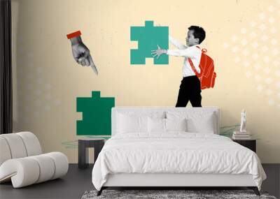 Creative collage of black white colors arm point finger help boy match two puzzle pieces isolated on drawing beige background Wall mural