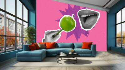 Creative collage of two people body part hand feeding tasty apple mouth teeth biting isolated vibrant color background Wall mural