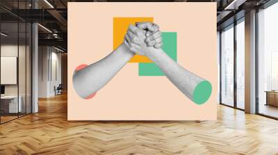 Creative collage picture human hands agreement unity support handshake gesture arms 3d body fragment teamwork drawing background Wall mural