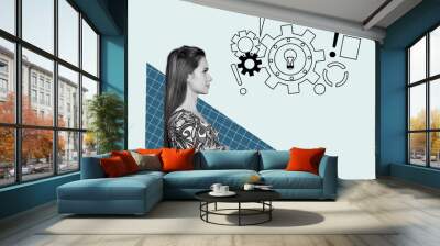 Creative collage picture young girl idea invention progress cogwheel optimization process find solution new strategy management Wall mural