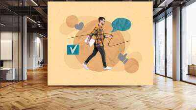 Creative collage portrait of successful guy hold netbook walk check mark icon dialogue bubble like notification isolated on beige background Wall mural