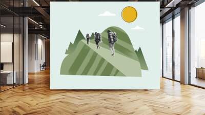 Creative collage rear view expedition group people lost in mountains forest walking route with rucksacks isolated over green background Wall mural