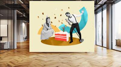 Creative drawing collage picture of beautiful happy female cone hat singer man gentleman sing musician celebrate birthday agency Wall mural