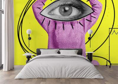 Creative funny poster collage of freak person with eye face hands above head thrid eye wisdom aura concept Wall mural