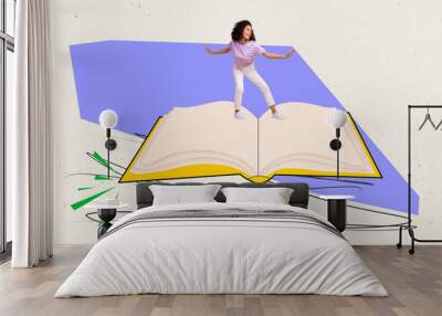 Creative minimal collage photo of young funny girl sliding open empty textbook enjoy reading materials more knowledge isolated on drawn background Wall mural