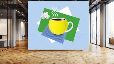 Creative photo 3d collage artwork poster of yellow cup aromatic coffee way calm down after work routine isolated on painting background Wall mural