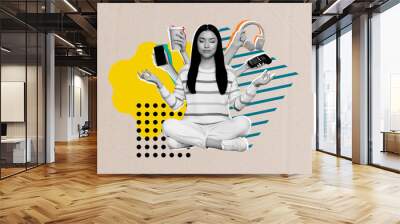 Creative photo 3d collage artwork poster postcard of calm girl meditating abstracting routine chaos isolated on drawing background Wall mural