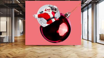 Creative photo 3d collage postcard poster brochure of cool santa inside ball enjoying holiday event concert isolated on painting background Wall mural