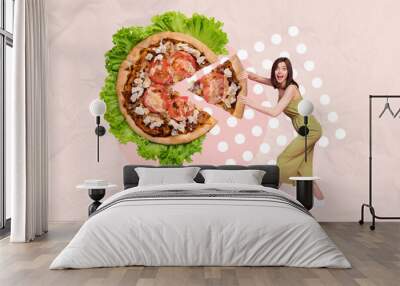 Creative photo collage artwork of young surprised excited woman hold slice tasty fresh lettuce salad handmade pizza isolated on pink background Wall mural