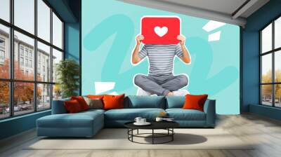 Creative photo collage of headless funny guy addicted from social media sitting hold postcard like isolated on blue color background Wall mural