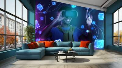 Creative picture template of millennial guy touch finger screen virtual reality holographic figures choose level in game Wall mural