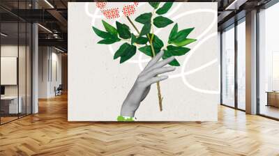 Creative poster collage of hand holding plant flower recycling sign symbol support help environment pollution sort garbage awareness Wall mural