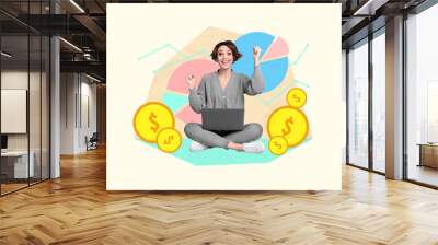 Creative retro 3d magazine image of lucky lady winning usd modern deivice isolated painting background Wall mural