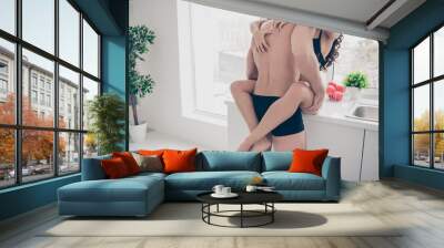 Cropped back rear behind view photo two people pair foreplay she Wall mural