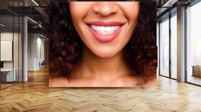 Cropped close up photo beautiful she her dark skin model lady fluffy hairstyle enjoy new perfect big pink lips size showing white toothy mouth color wear nothing isolated pastel beige background Wall mural