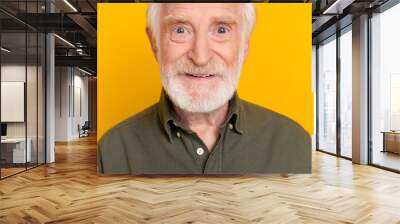 Cropped close up photo of satisfied glad aged man toothy smile look camera isolated on yellow color background Wall mural