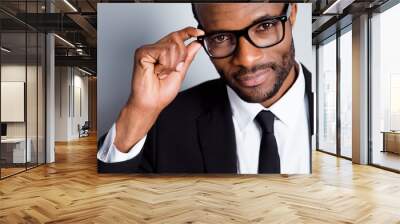 Cropped close-up portrait of his he nice attractive bearded guy banker economist employee touching specs healthy health care eyecare bristle stubble isolated on grey pastel color background Wall mural