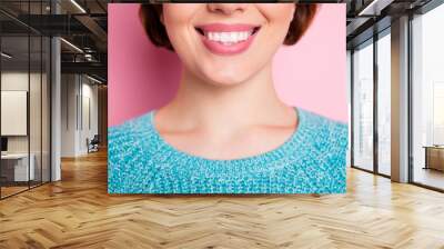 Cropped close-up view portrait of her she nice attractive lovely cheerful cheery woman beaming perfect smile isolated over pink pastel color background Wall mural