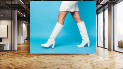 Cropped profile side photo of gorgeous magnificent vogue girls legs walking going on fashion runway wear leather trend boots isolated over blue color background Wall mural