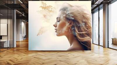 Double exposure of nature landscape mountain forest and woman face made with generative AI Wall mural