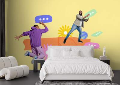 Drawing image template collage of two friends guys throwing discussion network email booking contact summer trip Wall mural