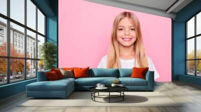 Education healthcare school life concept. Close up portrait of sweet charming beautiful lovely calm with toothy beaming smile small girl with straight smooth hair isolated pink background copy-space Wall mural