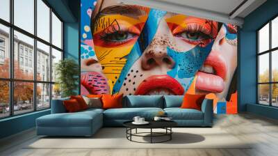 Fashionable Generative AI illustration image female facial collage many colorful elements trend puzzle Wall mural