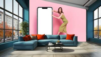 Full body photo of astonished crazy lady stylish clothes hand hold mirror white panel banner empty space isolated on pink color background Wall mural