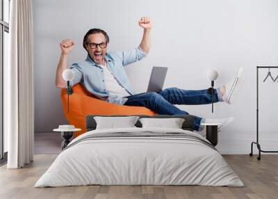 Full body photo of exited man happy smile celebrate win victory hold laptop fists hands isolated over grey color background Wall mural