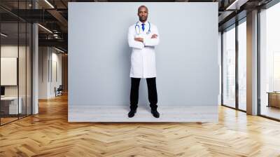 Full body photo of professional family doctor dark skin guy meet patients virologist arms crossed wear white long lab coat neck tie pants shoes isolated grey color background Wall mural