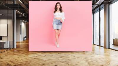 Full body photo of stunning adorable young female go on walk enjoy summer isolated on pink color background Wall mural