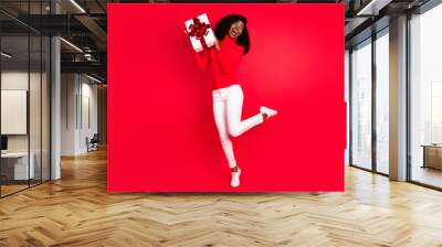 Full body photo of young black woman happy positive smile hold present box excited surprise isolated over red color background Wall mural