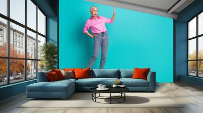 Full body portrait of nice aged lady arm stop empty space wear shirt isolated on turquoise color background Wall mural